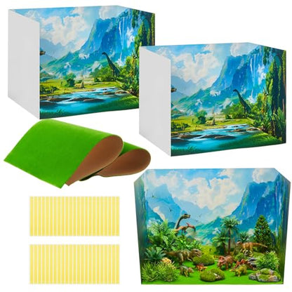 AmazingSpark 2 Set Dinosaur Diorama Box and Fake Grass Decor, Dinosaur Habitat Diorama Project Supplies Set, Cardboard Display Case Kit & Artificial Grass with Double Sided Tapes for DIY Crafts - style: Dinosaur