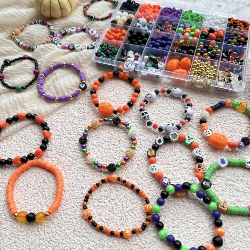 LLchunyun Halloween Beads for Bracelet Making Kit,2069Pcs Clay Bead Acrylic Beads for Jewelry Making Pumpkin Gold Spacer Seed Bead with Charms Friendship Bracelets Making Kit for Halloween DIY Crafts
