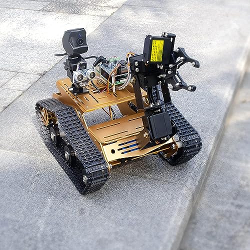 Smart WiFi Robot Kit with Raspberry Pi 5, 4DOF Robotic Arm Track Tank Chassis Robot Car with 2DOF HD Camera Ultrasonic Infrared Sensor, Programmable AI Robot Kit for Adults & Teens (Gold) - color: Gold