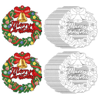 Sereliy 24 Pcs Christmas Coloring Wreath Crafts, Color Your Own Christmas Crafts, DIY Paper Xmas Wreath for Classroom Activities, Games. (Bell) - color: Bell