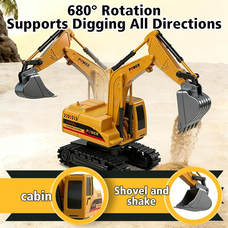 RC Excavator Toy, 6-Channel Remote Control Excavator with Metal Shovel & Lights, 360° Rotation Mini Excavator, RC Construction Vehicles Digger Toy for Boys 3-8