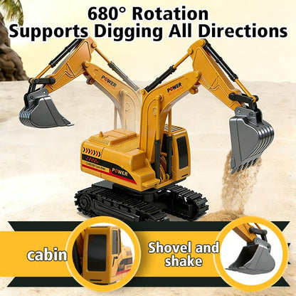 RC Excavator Toy, 6-Channel Remote Control Excavator with Metal Shovel & Lights, 360° Rotation Mini Excavator, RC Construction Vehicles Digger Toy for Boys 3-8