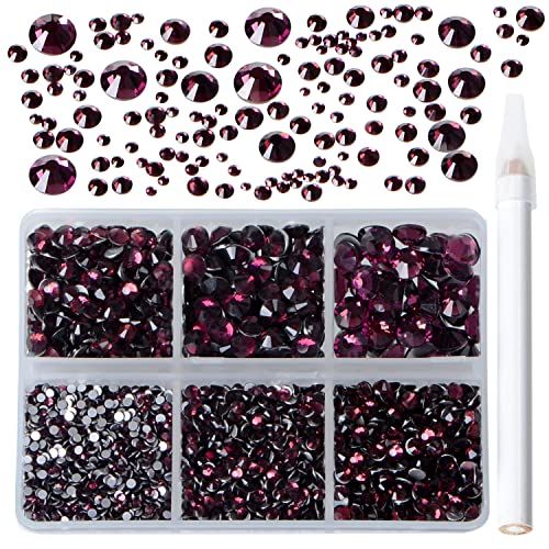 Bymitel 5000 Pieces 6 Mixed Sizes Glue Fix on Glass Rhinestones Round Crystal Gems Flatback for DIY Jewelry Making with one Picking Pen(6-Sizes 5000PCS, Amethyst) - color: Amethyst, size: 6-SIZES 5000PCS