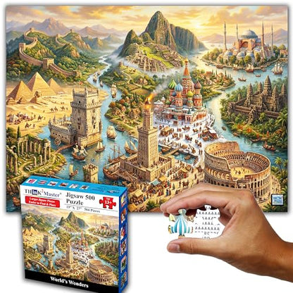 Think2Master World's Wonders 500 Pieces Large Format Jigsaw Puzzle: 13+, Teens, Adults & Families. Global Adventure to World’s Most Iconic Landmarks in an Imaginative Landscape. Size: 26.8” X 18.9” - style: World's Wonders