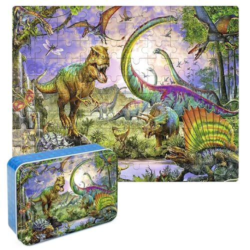 LELEMON Puzzles for Kids Ages 4-6,100 Piece Puzzles for Kids in Metal Box - color: Dinosaur