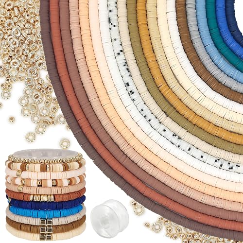 MIIIM 8000 PCS 20 Colors Neutral Clay Beads Strands, Polymer Clay Beads Kit for Bracelets Making, Vinyl Heishi 6mm, with Gold Spacers and Elastic Thread, for Bracelets Necklace - color: A-Neutral-1