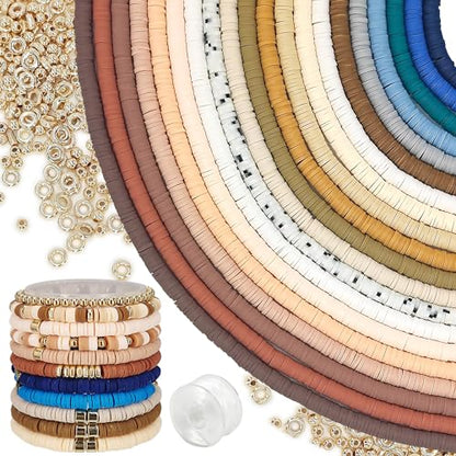 MIIIM 8000 PCS 20 Colors Neutral Clay Beads Strands, Polymer Clay Beads Kit for Bracelets Making, Vinyl Heishi 6mm, with Gold Spacers and Elastic Thread, for Bracelets Necklace - color: A-Neutral-1