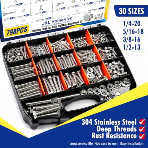 798PCS Stainless Steel Nuts and Bolts Kit, SAE Hex Bolts with Nuts, Flat & Lock Washers, 1/4"-20 5/16"-18 3/8"-16 1/2"-13, 1/2"-13, Carrying Case - color: Silver-798PCS 1/4-20,5/16-18,3/8-16,1/2-13