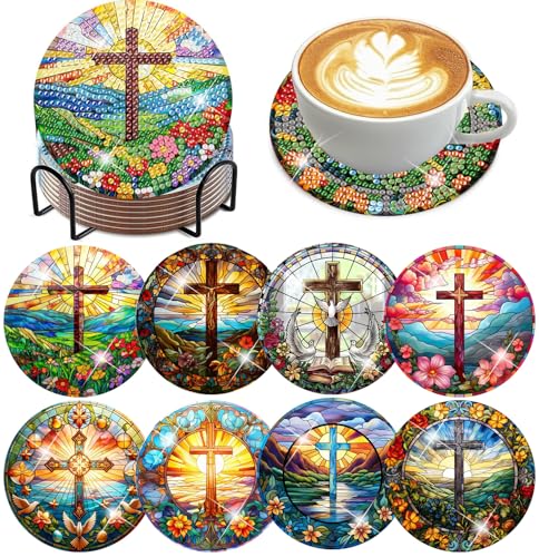 mrpwnle 8 Pack Diamond Art Coasters Kits - Cross Diamond Painting Coasters - color: Cross
