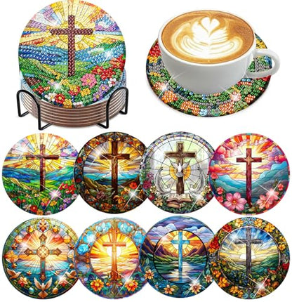 mrpwnle 8 Pack Diamond Art Coasters Kits - Cross Diamond Painting Coasters - color: Cross