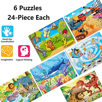 Puzzles for Kids Ages 3-5 24 Piece Wooden Puzzles 6 Pack
