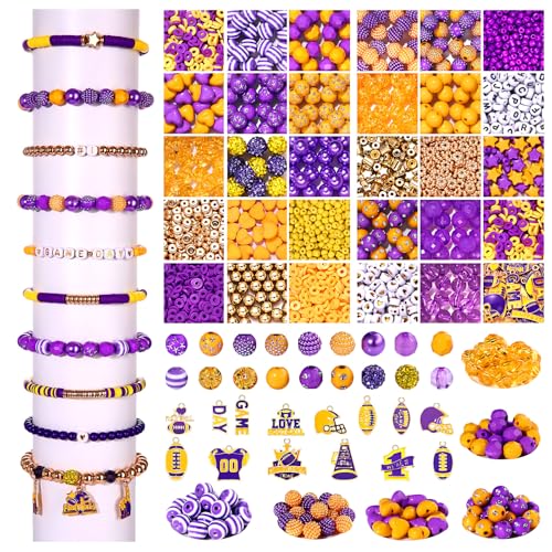 2200PCS+ Game Day Beads Charms for Bracelet Making Polymer Clay Beads Crystal Pearl Letter Gold Spacer Beads Football Charms for Game Day Bracelet Necklace Making DIY Crafts - color: Purple Yellow