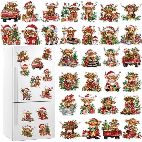 Remuuly 30 Pcs Christmas Diamond Painting Magnets Diamond Art Kit for Adult - color: Highland Cow