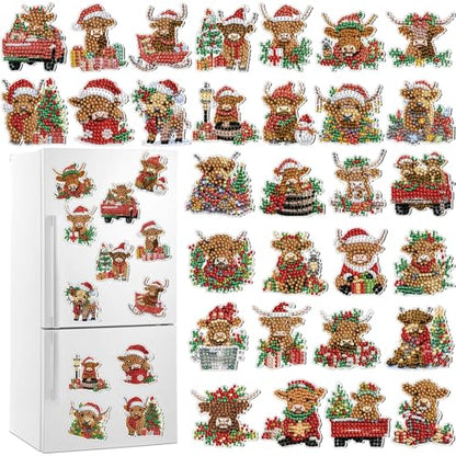 Remuuly 30 Pcs Christmas Diamond Painting Magnets Diamond Art Kit for Adult - color: Highland Cow