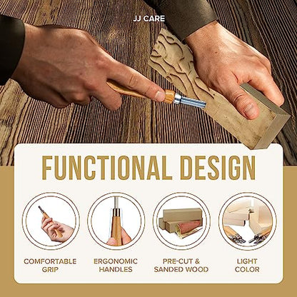 JJ CARE Wood Carving Kit [8 SK7 Carving Knives with Beechwood Handle, 10 Basswood Carving Blocks, Carrying Case, Whittling Book], Beginner Wood Carving Kit - size: Set B