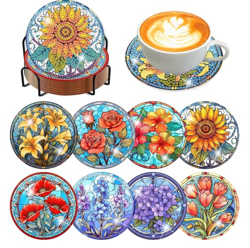 Meothan 8 Pcs Flowers Diamond Art Coasters Kit for Adults with Holder 4x4in - color: Flowers Coasters-D, size: 8 Pcs 4x4in