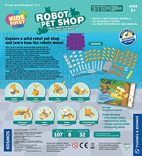 Thames & Kosmos Kids First Robot Pet Shop: Owls, French Bulldogs, Sloths & More! STEM Experiment Kit for Young Engineers | Build 8 Motorized Robots of Cute Animals | Play & Learn with Storybook Manual - style: Robot Pet Shop