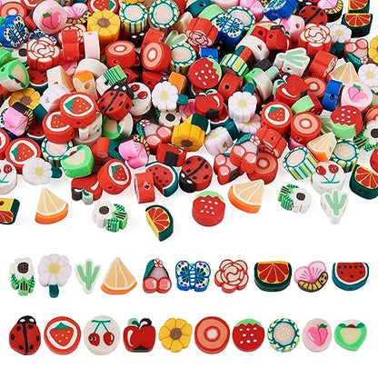 200Pcs Fruit Flower Clay Apple Strawberry Lemon Peach Watermelon Polymer Clay Daisy Cactus Butterfly Ladybug Clay Spacer Beads for DIY Bracelet Necklace Jewelry Making - color: Mixed Shape