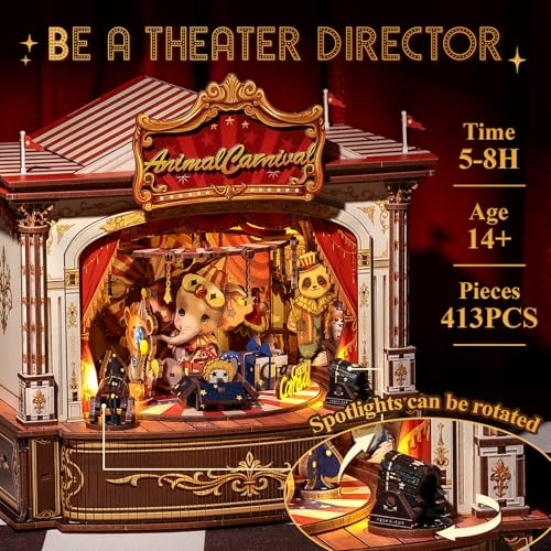 CUTEBEE 3D Wooden Puzzles Music Box - DIY Theater Model Kit with LED Light, 413 Pcs Rotating Miniature House Kit for Adults, Home Bookshelf Decor, Birthday Valentines Day Gifts (Animal Carnival)