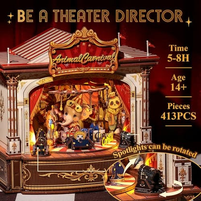 CUTEBEE 3D Wooden Puzzles Music Box - DIY Theater Model Kit with LED Light, 413 Pcs Rotating Miniature House Kit for Adults, Home Bookshelf Decor, Birthday Valentines Day Gifts (Animal Carnival)