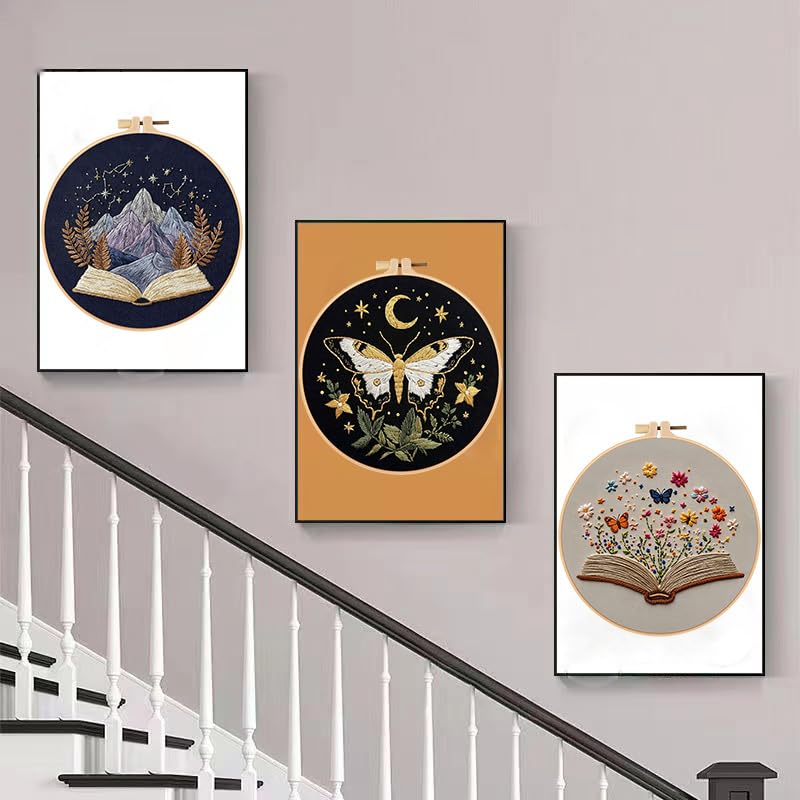 Konrisa Stamped Embroidery Kit with Butterfly Scenery Book Flower Pattern, Embroidery Starter Kit DIY Sewing Practice, Cross Stitch Kit,Set of 3 - color: flower book