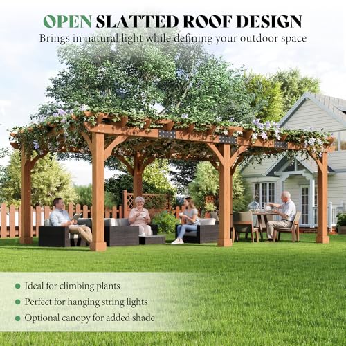 AMERLIFE 12x20 FT Outdoor Wooden Pergola, Large Solid Cedar Wood Gazebo Kit with Slatted Roof Design, Heavy-Duty Frame for Backyard, Patio & Garden, Red-Brown Finish - size: 12x20 FT