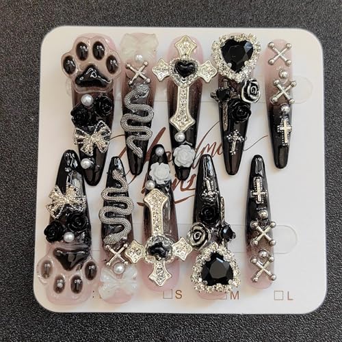 CTRLZTEAM Y2K Gothic Stiletto Press on Nails Pink and Black Grunge 3D Nails - color: Black Dusty Pink, size: S