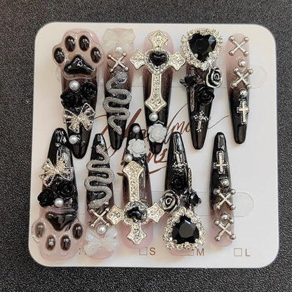 CTRLZTEAM Y2K Gothic Stiletto Press on Nails Pink and Black Grunge 3D Nails - color: Black Dusty Pink, size: S