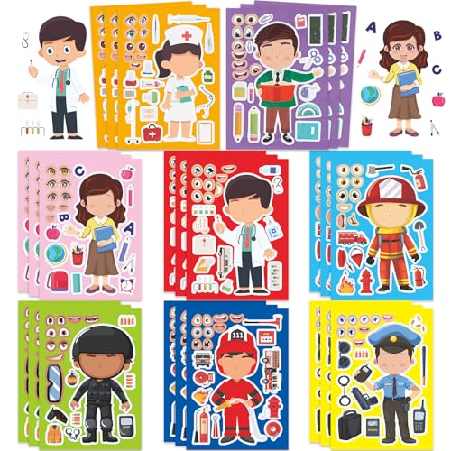 24 Sheets Occupation Post Make a Face Sticker, Make Your Own Career Stickers Mix and Match Sticker for Home School Classroom Crafts Activities Reward Birthday Party Favors - style: Career