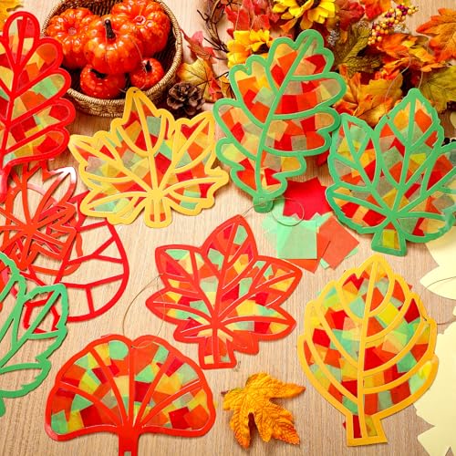 DoubleFill 48 Pcs Fall Suncatchers Craft Kit, Fall Maple Leaves Crafts Bulk - style: Maple Leaf