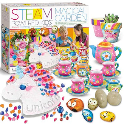 4M Magical Garden Kit for Kids Ages 8-12 – 4-in-1 Craft Set: Paint Flower Pots, Unicorn Stepping Stone with Glow Star, Mosaics & Gemstones, Mini Porcelain Tea Set, Garden Stones, Creative Art Gift - style: Magical Garden