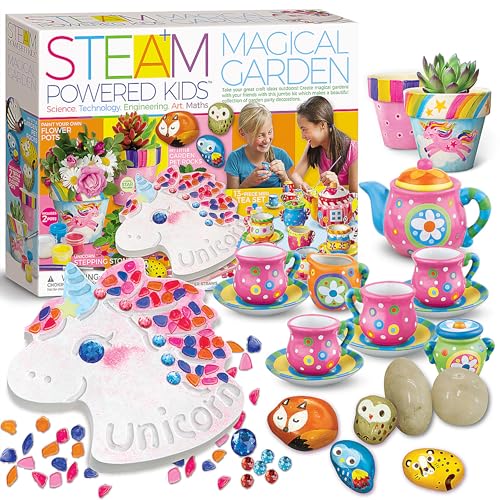 4M Magical Garden Kit for Kids Ages 8-12 – 4-in-1 Craft Set: Paint Flower Pots, Unicorn Stepping Stone with Glow Star, Mosaics & Gemstones, Mini Porcelain Tea Set, Garden Stones, Creative Art Gift - style: Magical Garden