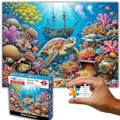 Think2Master Sunken Treasures 500 Pieces Large Format Jigsaw Puzzle: 13+, Teens, Adults & Families. Giant Sea Turtles, Sharks, Lion Fish, Pirate Ship & Tropical Fish Great Gift. Size: 26.8” X 18.9” - style: Sunken Treasures