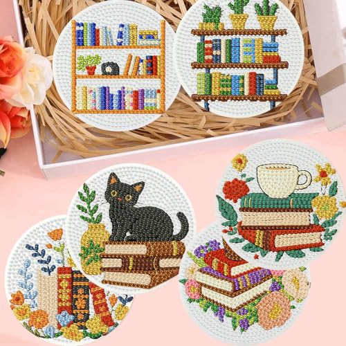 8 Pack Diamond Art Coasters,Bookshelf Diamond Painting Coasters Kits - color: Bookshelf Coasters-a