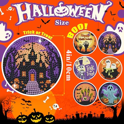 Leatrice 6 PCS Halloween Diamond Art Coasters Kits 4 in Trick or Treat - color: BB halloween