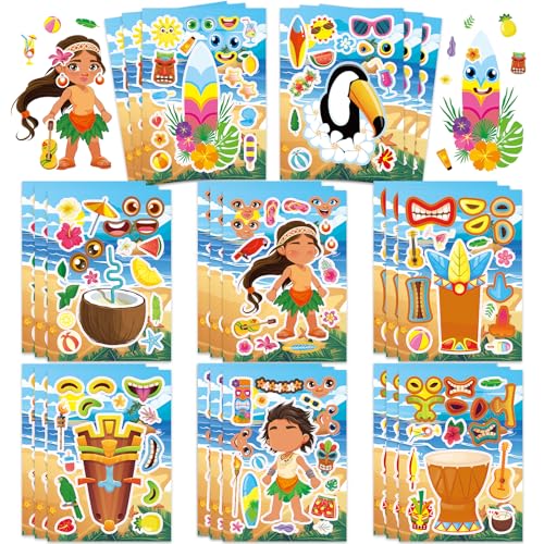 24 Sheets Tiki Make a Face Sticker, Make Your Own Tropical Hawaii Mix and Match Stickers Summer Stickers for Boy Girls Home School Classroom Crafts Activities Summer Party Favors - style: Hawaii