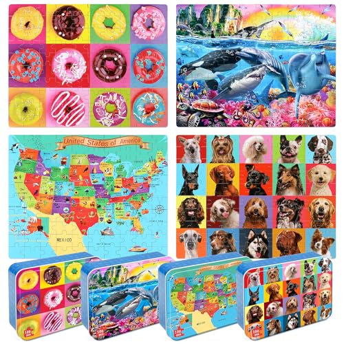 LELEMON Puzzles for Kids Ages 4-6,4-Pack 100 Piece Puzzles for Kids Ages 4-8 in a Metal Box,Dogs Donut USA Map Underwater World Educational Jigsaw Puzzles Puzzle Games Puzzle Toys for Girls and Boys - color: 100 Piece 4-pack 2)