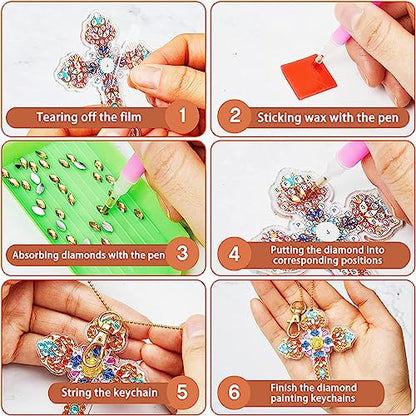YUE ZHE 16PCS Cross Diamond Art Kits for Adults Double Sided Easter Diamond Art Keychains Cross Shaped DIY 5D Easter Diamond Painting Keychains Kits for Adults Beginners DIY Crafts - color: Cross
