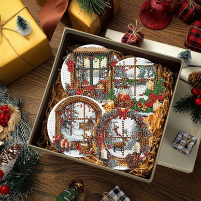 Xylogist 8 Pcs Christmas Diamond Art Coasters with Holder Cork Pads - color: Christmas A Coasters