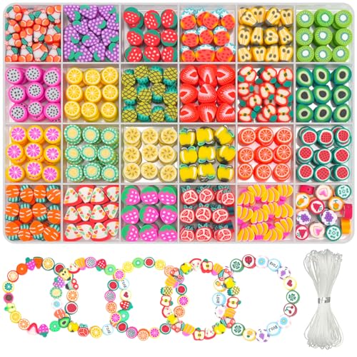 Gionlion Fruit Polymer Clay Beads Bracelet Making Kit, Colorful Clay Beads with Lemon, Strawberry, Avocado, and Watermelon Designs for DIY Jewelry, Bracelet & Necklace Making Crafts - color: Fruit