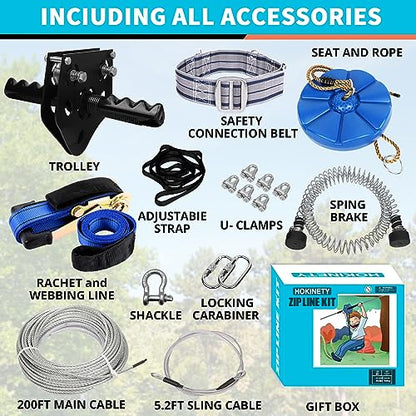 Zip Line Kit for Kids Adults : 200FT Up to 380Lbs - Quick Tighten Zipline for Backyard Outdoor with 100% Rust Proof Removable Trolley Seat Spring Brake - size: 200ft