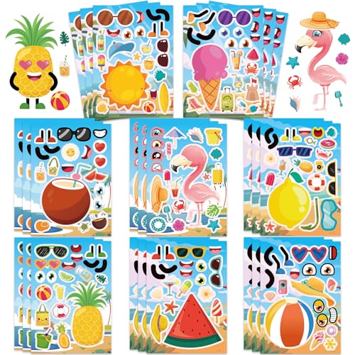 24 Sheets Summer Make a Face Sticker, Make Your Own Hawaii Stickers Flamingo Watermelon Pineapple Summer Stickers for Boy Girls Home School Classroom Crafts Activities Hawaii Party Favors - style: Summer