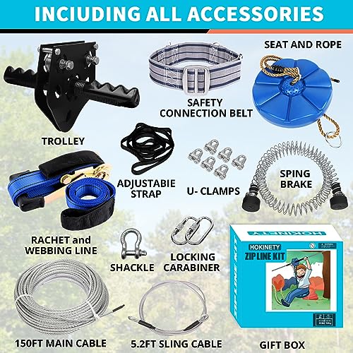 Zip Line Kit for Kids Adults : Up to 380Lbs 150FT Quick Tighten Zipline for Backyard Outdoor with 100% Rust Proof Removable Trolley Seat Spring Brake - size: 150ft
