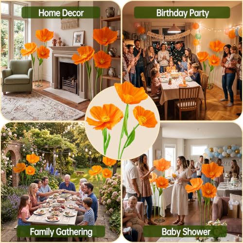 Moxweyeni 3 Pcs 5.5 ft Giant Orange Poppy Paper Flower DIY Kit with Stand - color: Orange, style: Poppy