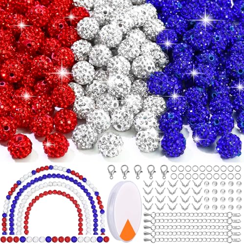 Dowarm 255PCS 10mm Rhinestone Beads for Baseball Rhinestone Necklace Bracelet Jewelry Making, Round Polymer Clay Beads for Crafts Beaded Pens, DIY Shamballa Pave Disco Diamond Bead, White|Red|Blue - color: 03-White | Red | Blue