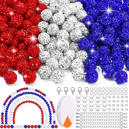 Dowarm 255PCS 10mm Rhinestone Beads for Baseball Rhinestone Necklace Bracelet Jewelry Making, Round Polymer Clay Beads for Crafts Beaded Pens, DIY Shamballa Pave Disco Diamond Bead, White|Red|Blue - color: 03-White | Red | Blue