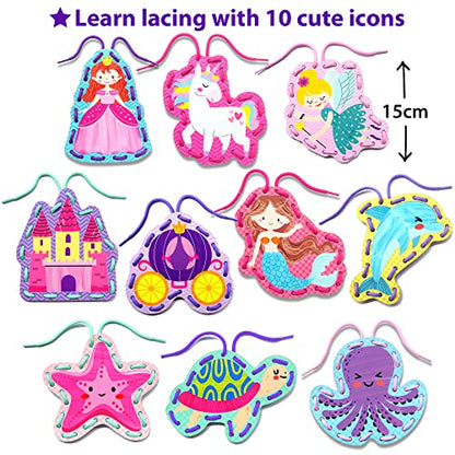 KRAFUN Princess, Unicorn & Mermaid Lacing Cards Age 3+ | 10 Projects - color: Girly - Large