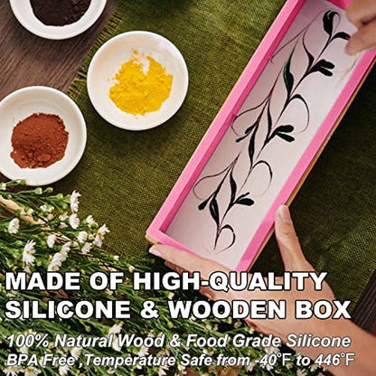 LERYKIN Rectangular Soap Mold Kit with Cutter- 42oz Flexible Silicone Loaf Soap Mold with Wood Box, Stainless Steel Wavy & Straight Scraper for Homemade Craft Soap Making Supplies - color: Pink+Silver - Rectangle