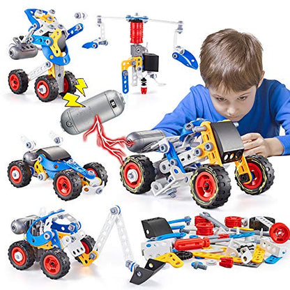 Erector Set for Boys 6-12, Building Toys for Kids Ages 4-8, 5 in 1 STEM Toys Ages 4-7 with Electric Power Motor, Construction Toys for Age 5 7 8 9 Years Old, 113 PCS DIY