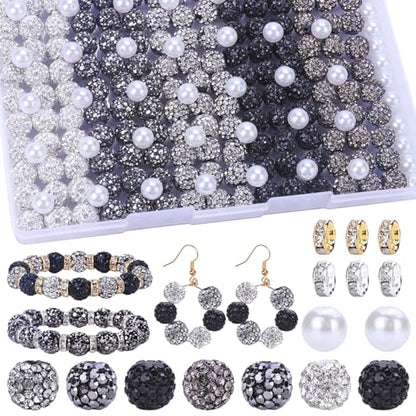 AIPRIDY Jewelry Making Beads Set, 300 PCS 10mm Rhinestone Clay Beads, 8mm Mixed Color Spacer Beads with Pearl and Floral Beads for DIY Jewelry Making (White + Black Series) - color: White + Black Series